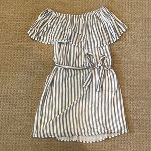 She + Sky grey and white striped off the shoulder flowy dress (with belt).